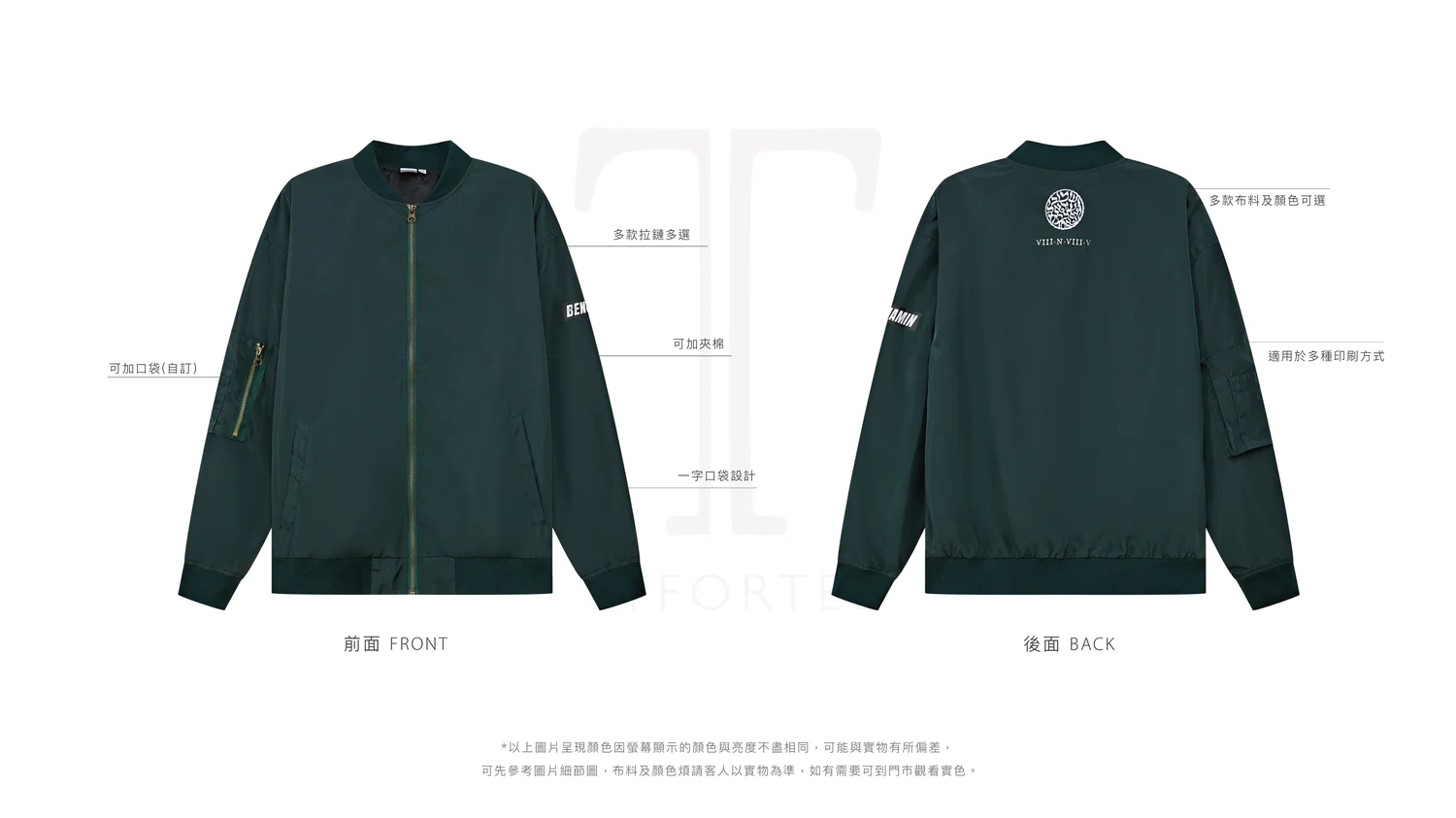 TTFORTEE 自家品牌軍褸 正背面標註圖：袖袋設計、適用於多種印刷方式、多款布料及顏色可選