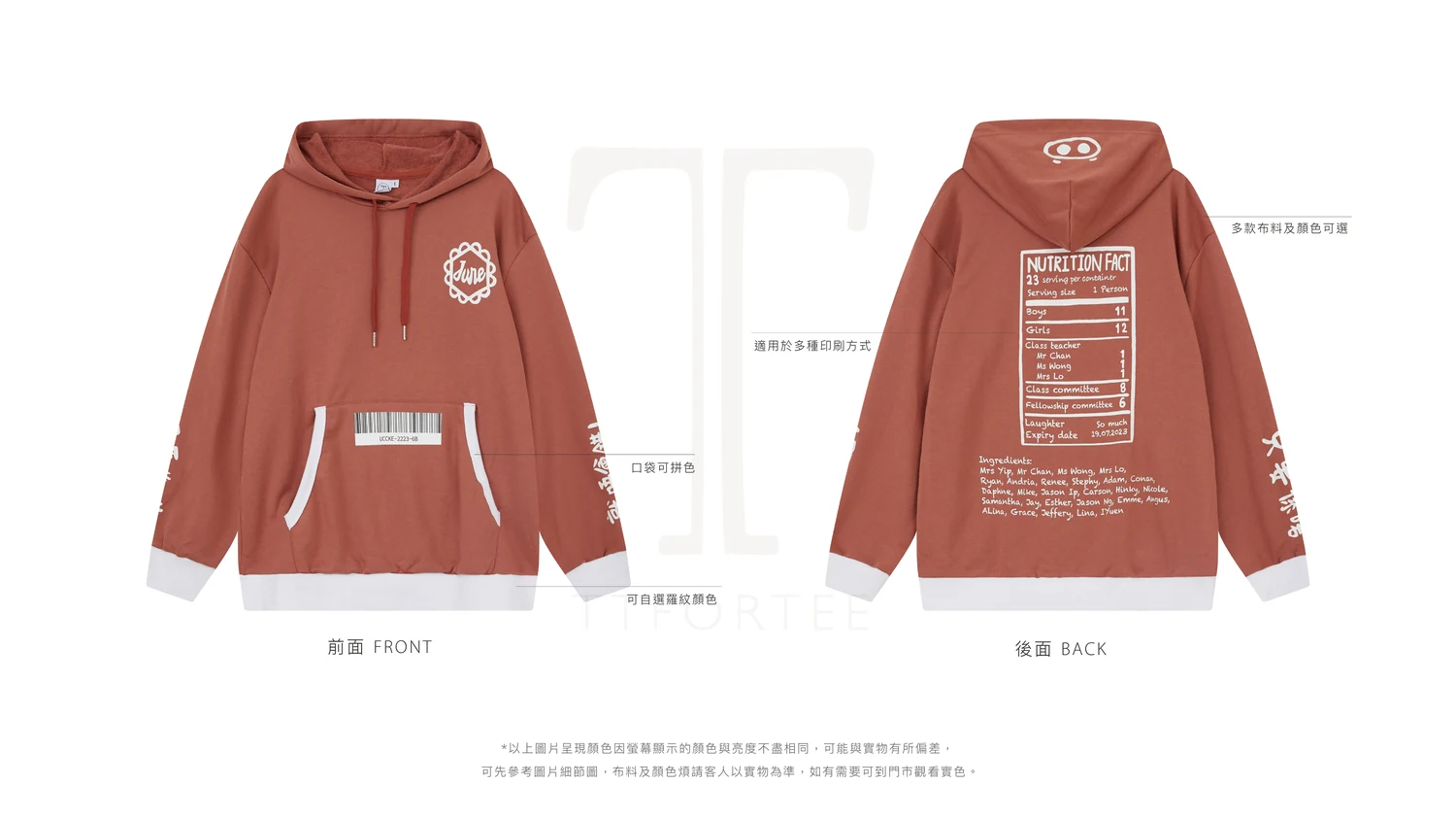TTFORTEE 自家品牌拼色連帽衛衣 正背面標註圖：拼色部位、帽繩顏色、印刷位、多款布料及顏色可選