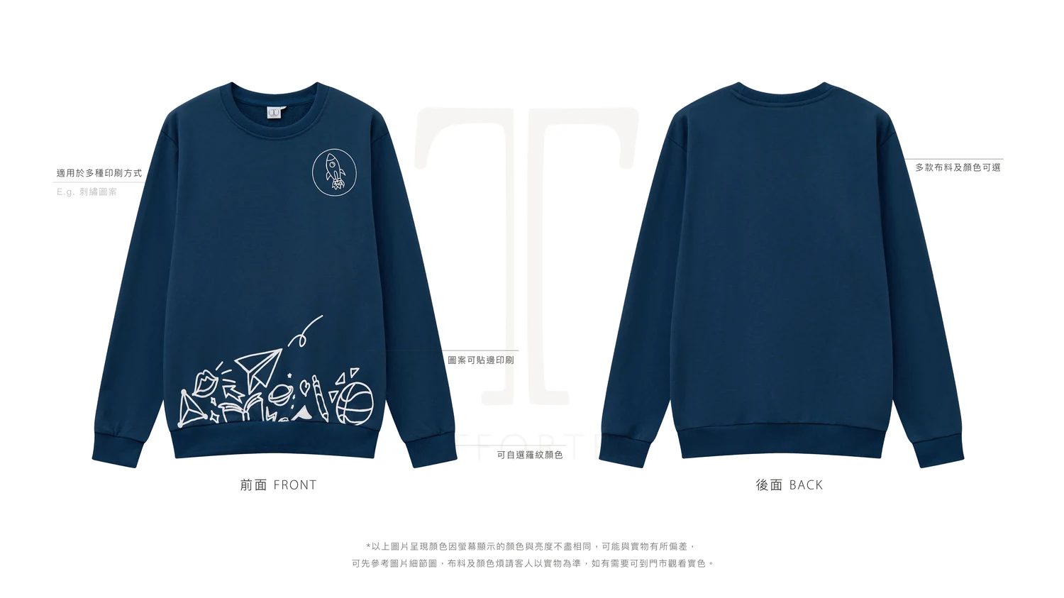 TTFORTEE 自家品牌圓領衛衣 正背面標註圖：領口袖口羅紋、適用於多種印刷方式、多款布料及顏色可選
